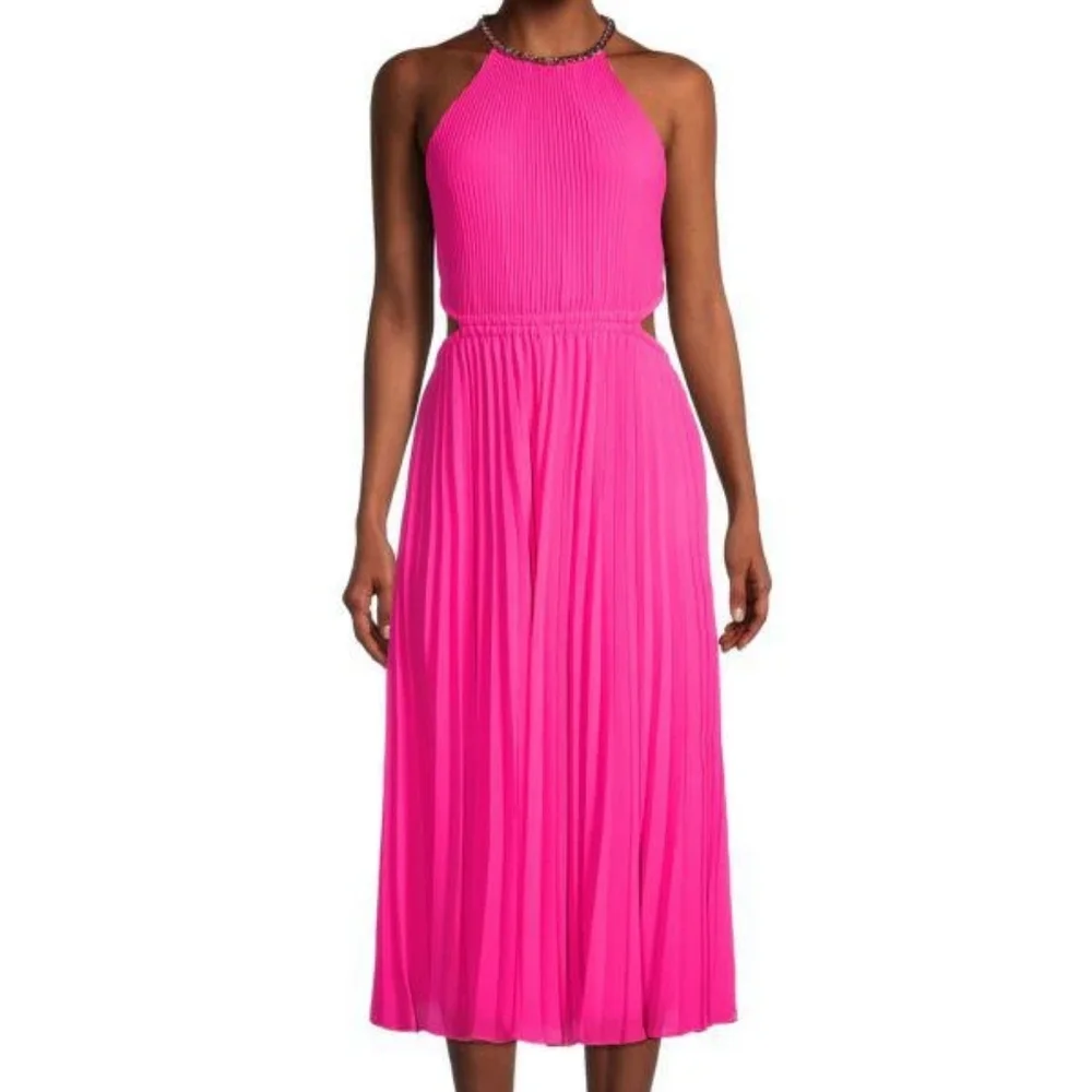 Michael Kors Halter Neck Pleated Cut-out Midi Dress cerise/pink Sz M BNWT